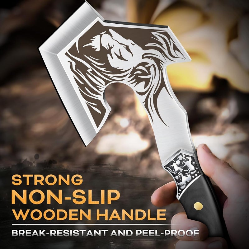 GRUMPY BEAR Camping Hatchet with Lion Carving, Full Tang Outdoor Axe with Decorative Handle, Durable Forged Blade for Hiking, Bushcraft, and Survival - Image 4